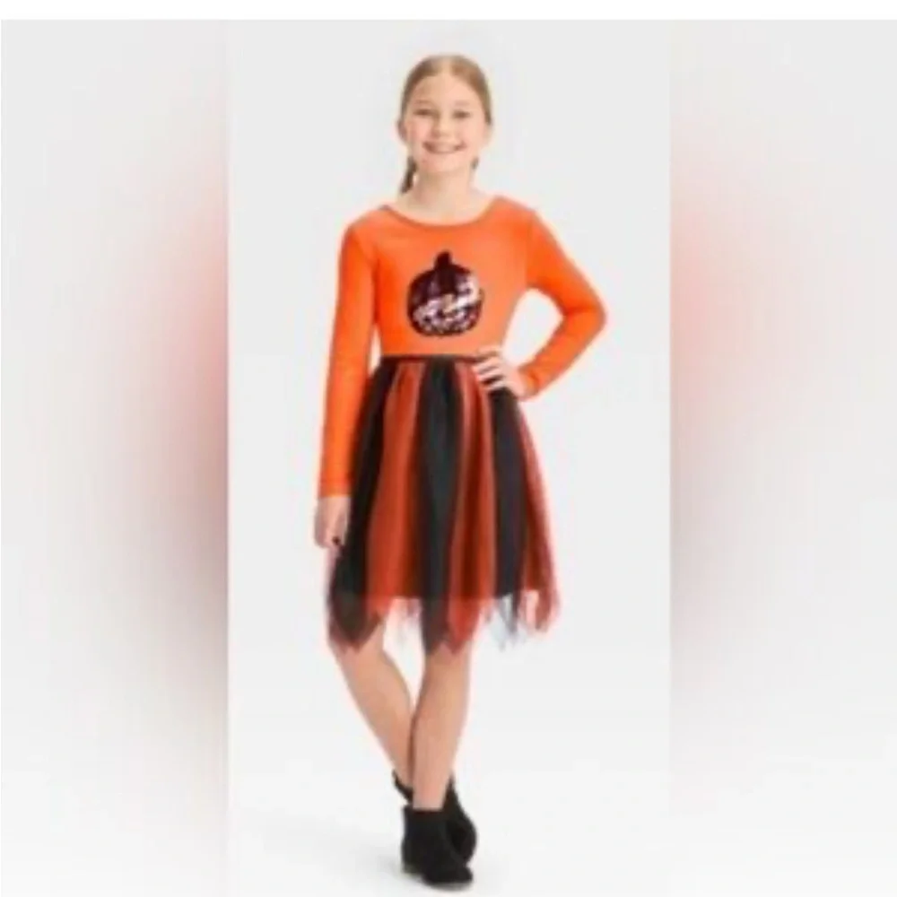 Cat and Jack new pumpkin dress long sleeves orange size 14